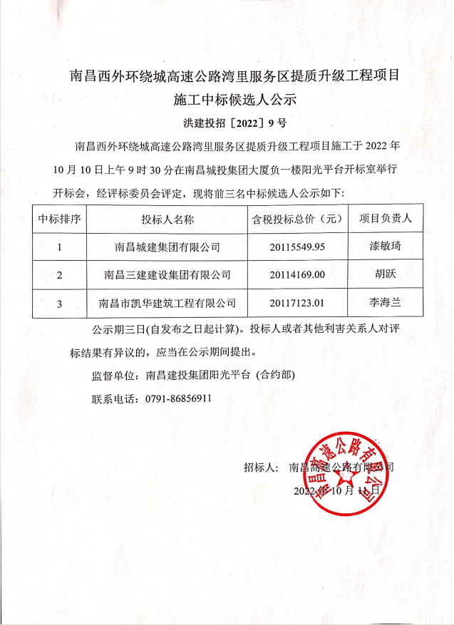 南昌西外围绕城高速公路湾里服务区提质升级工程项目施工中标候选人公示_尊时凯龙
