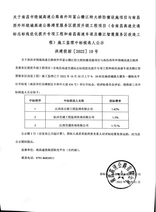 关于南昌市绕城高速公路南外环富山赣江特大桥防撞设施项目与南昌西外围绕城高速公路湾里服务区提质升级工程项目(含南昌高速交通标记标线优化提升专项工程和南昌高速车道及赣江智慧服务区刷新工程)施工监理中标候选人公示_尊时凯龙
