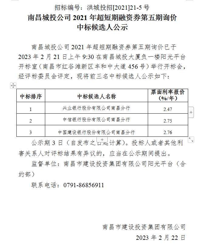 南昌城投公司2021年超短期融资券第五期询价 中标候选人公示_尊时凯龙
