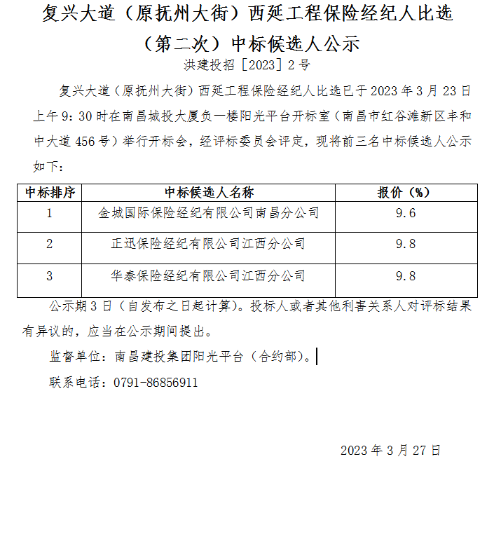 再起大道（原抚州大街）西延工程包管经纪人比选 （第二次）中标候选人公示_尊时凯龙