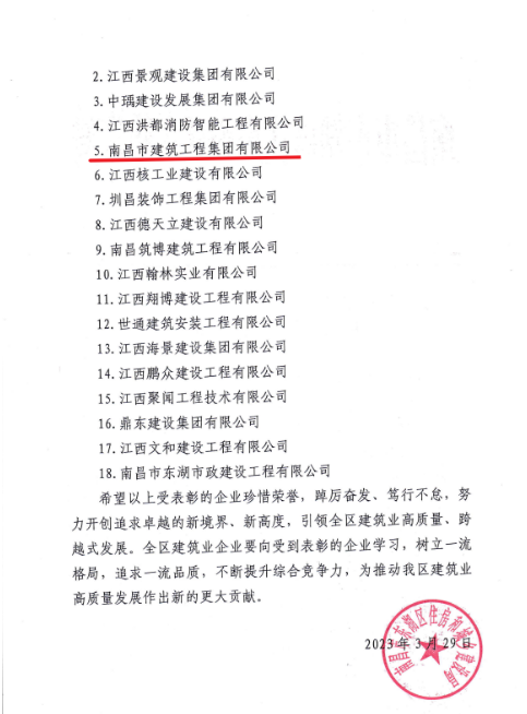 南昌市修建工程集团有限公司获评2022年度南昌市东湖区修建业质量信得过企业_尊时凯龙