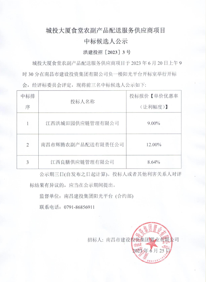 城投大厦食堂农副产品配送服务供应商项目中标候选人公示_尊时凯龙